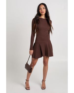Boohoo Rib Dropped Hem Skater Dress - Brown