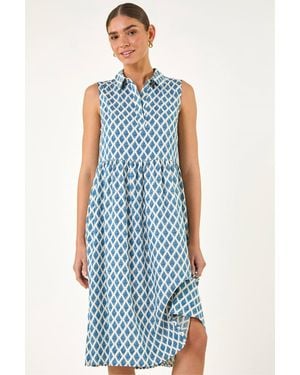 Roman Geometric Diamond Collared Swing Dress - Blue