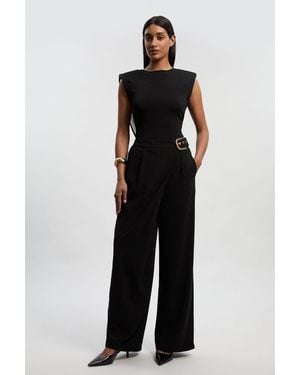 Karen Millen Tailored Crepe Asymmetric Buckle Detail Wide Leg Trouser - Black