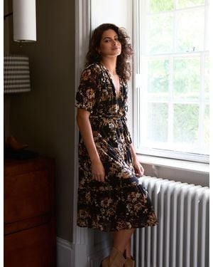 Blue Vanilla Floral Mesh Wrap Front Tiered Midi Dress - Brown
