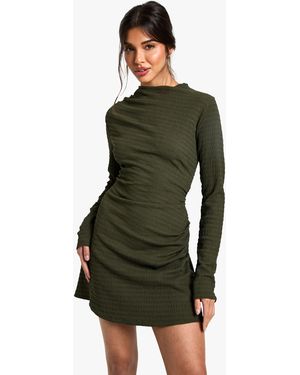 Boohoo Textured Ruched Skater Mini Dress - Green