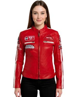 Infinity Leather Biker Racing Badges Jacket-Dalby Lamb Leather - Red