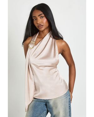 Boohoo Trim Scarf Halterneck Top - Natural