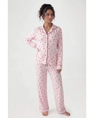 Boohoo Cherry Print Piping Detail Long Sleeve & Trouser Pyjama Set - Pink