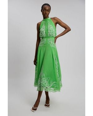 Karen Millen Georgette Placed Cutwork Halter Woven Midi Dress - Green