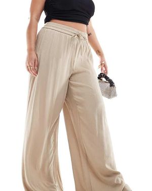 Vila Curve Weighted Plisse Satin Feel Wide Leg Trousers - Natural