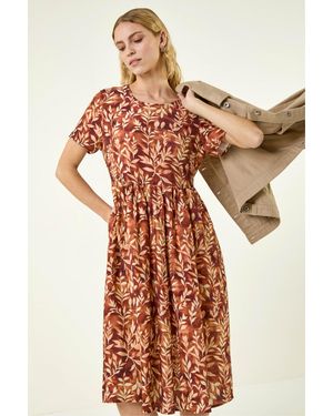 Roman Leaf Print Smock Midi Dress - Brown