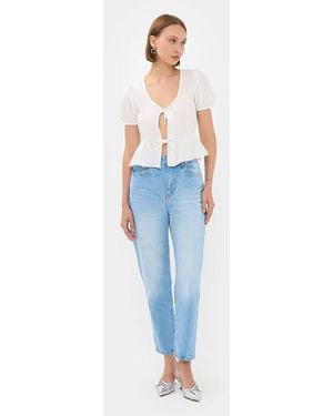 Hiccup Short Sleeve Tie-Front V-Neck Blouse - Blue