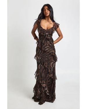 Boohoo Chiffon Ruffle Tonal Zebra Strappy Maxi Dress - Brown