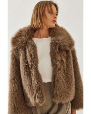 Bianco Lucci Cropped Open-Front Faux Fur Coat With Long Sleeves - Brown
