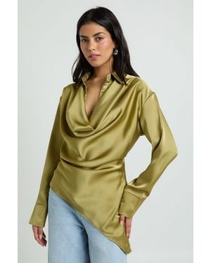 Boohoo Satin Cowl Neck Shirt - Green