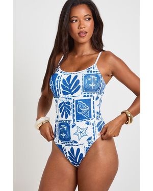 Boohoo Tile Print Scoop Swimsuit - Blue