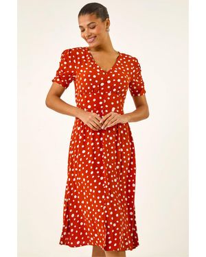 Roman Polka Dot Ruched Sleeve Midi Dress - Red