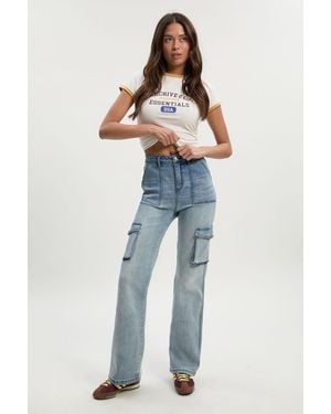 Boohoo Mid Waist Cargo Flare Jean - Blue