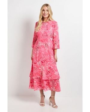 Wallis Petite Floral Neck Trim Ruffle Midi Dress - Pink
