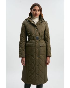 Karen Millen Quilted Hooded Longline Coat - Green