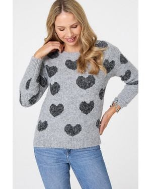 Izabel London Heart Print Texture Drop Shoulder Jumper - Grey