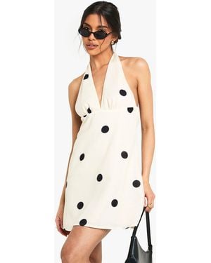 Boohoo Large Polka Dot Linen Look Plunge Shift Dress - White