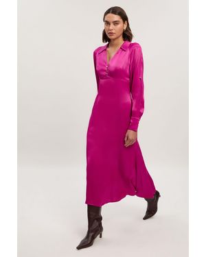 Karen Millen Viscose Satin V Neck Long Sleeve Woven Midi Dress - Pink