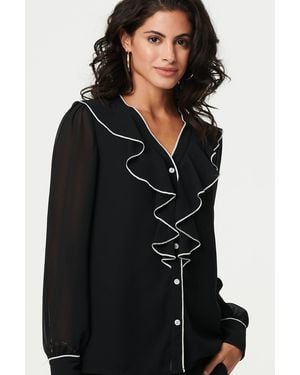 Izabel London Contrast Trim Semi Sheer Ruffled Blouse Long Sleeve - Black