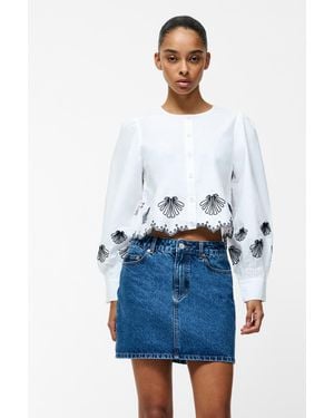 French Connection Cotton Embroidered Long Sleeve Grandad Collar Scalloped Hem Cropped Shirt - White