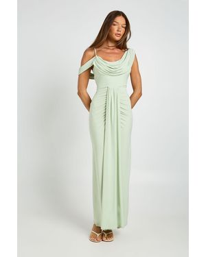 Boohoo Double Layer Slinky Drape Front Cold Shoulder Maxi Dress - Green