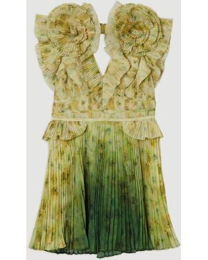 Karen Millen Crinkle Pleat Border Print Mini Dress With Rosette Detail - Green