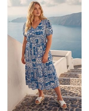 Roman Curve Postcard Print Midi Dress - Blue