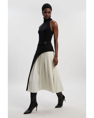 Karen Millen Tailored Buckle Detail Pleated Midi Skirt - Natural