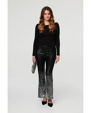 Izabel London Sparkly Sequin High Waist Flare Trousers - Black