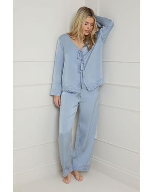 Oasis Satin Wide Fit Lace Trim Pyjama Set - Blue