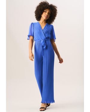 Gini London Angel Sleeves Pleated Belted Wrap Jumpsuit - Blue