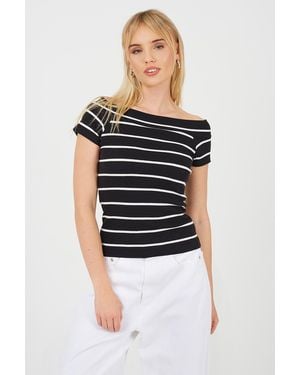 Brave Soul Striped Scoop Neck Short Sleeve Top - Black