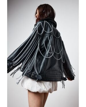 Nasty Gal Real Leather Pearl Trim Detail Jacket - Black