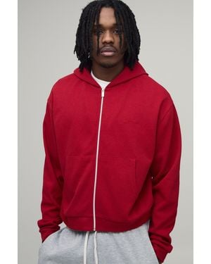 BoohooMAN Tall Oversized Shrunken Waffle Zip Through Hoodie - Red