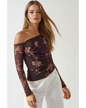 Hiccup Asymmetrical Collar Tulle Blouse - Brown