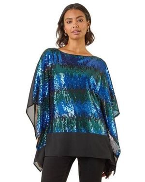 Roman Ombre Sequin Mesh Chiffon Top - Blue