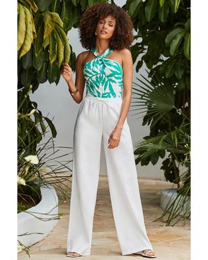 Sosandar Petite Ivory Relaxed Fit Wide Leg Trousers - Green