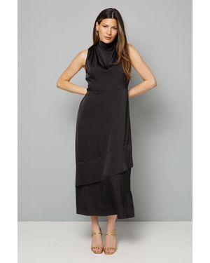 Wallis Satin Asymmetric Pleat Detail Midi Dress - Black