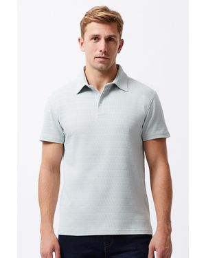 French Connection Cotton Blend Stretch Textured Stripe Button Polo Shirt - White