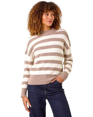 Roman Button Shoulder Detail Stripe Knit Jumper - White