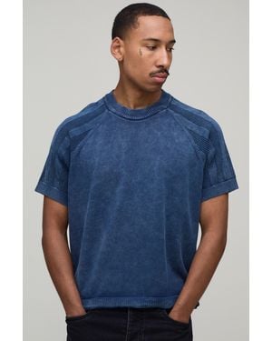 BoohooMAN Boxy Fit Acid Wash Ribbed Knitted T-Shirt - Blue