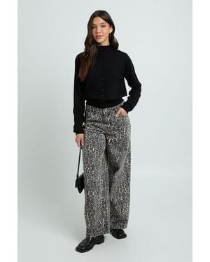 Boohoo Print Mid Waist Loose Fit Wide Leg Jean Cotton - Black