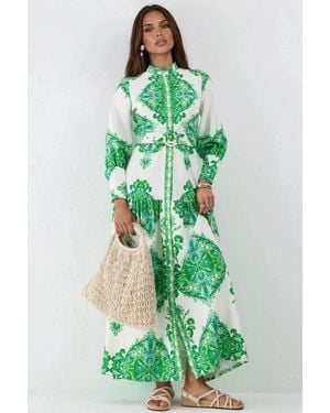 Msn-Collection Paisley Print Belted Maxi Dress With Shirt Collar - Green
