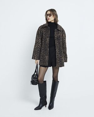 River Island Coat Leopard Print Funnel Neck - Black