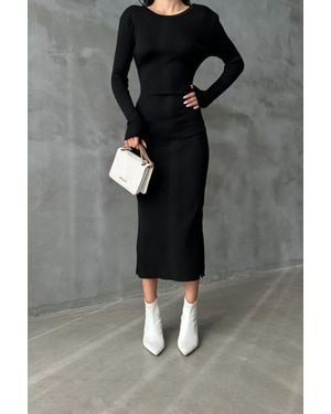 Hiccup Knitted Round Neck Long Sleeve Midi Bodycon Dress - Black