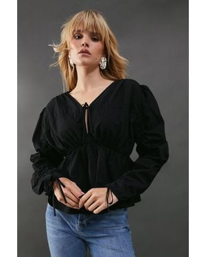 Warehouse Cotton Tie Front Volume Sleeve Blouse - Black