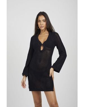 Brave Soul 'Birdie' Long Sleeve Knit Mesh Dress With Eyelet Detail Cotton - Blue