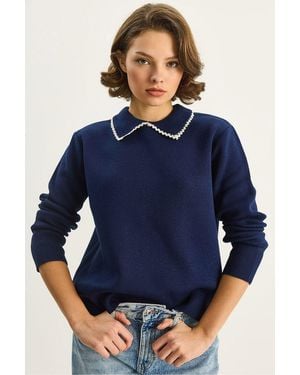 Bianco Lucci Knit Jumper With Shirt Collar - Blue