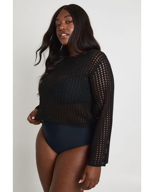 Boohoo Plus Beach Flare Sleeve Crochet Top - Black